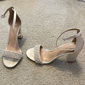 Pearl-Embellished Silver- Cream Heels